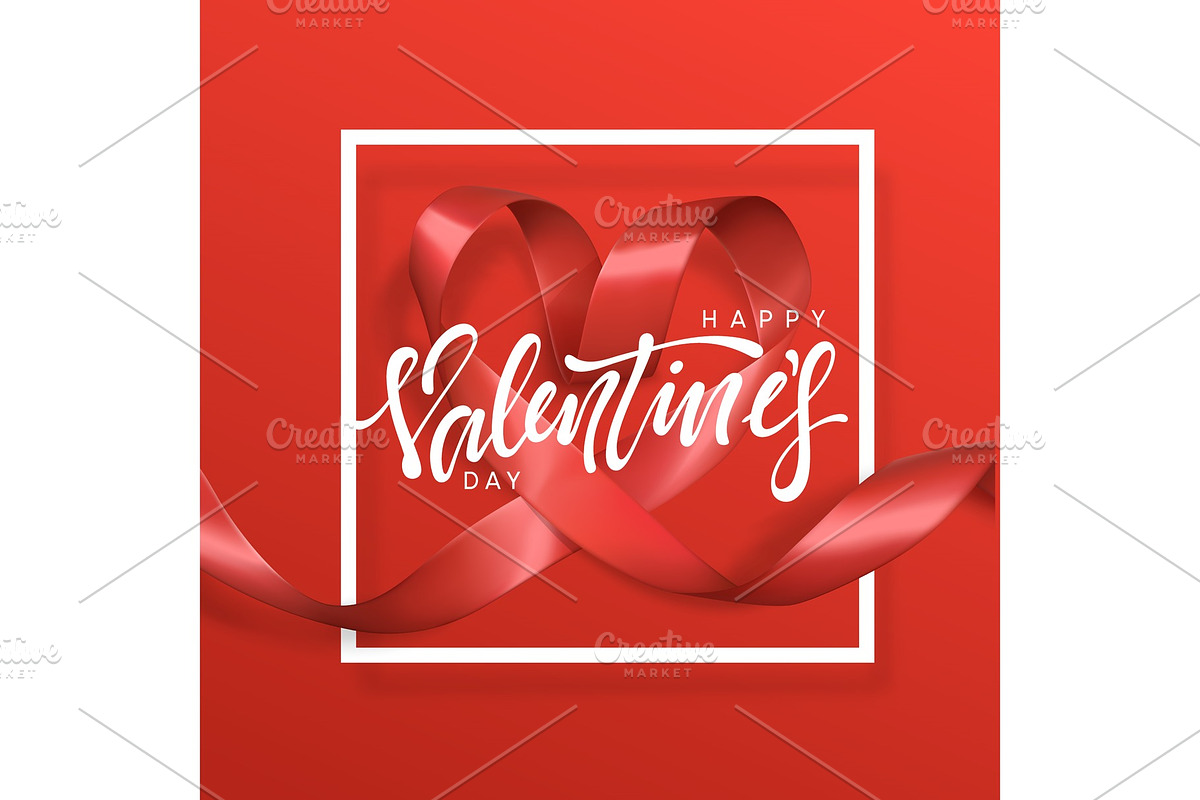 Happy Valentines Day lettering greeting card on red ribbon heart ...