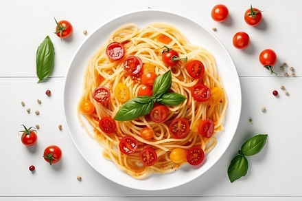 Tasty pasta with tomatoes and basil leafs in plate on wooden table. Generative, a Food & Drink Photo by AlyaAnd