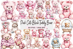 Watercolor Pink Cute Blush Teddy, an Illustration by DreamArtGraphic
