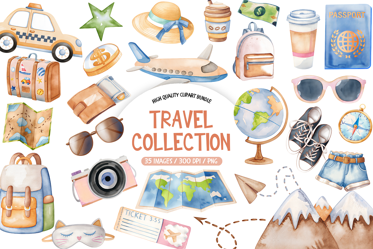 Watercolor Travel Collection Clipart, an Illustration by TatiMockup (Photo 1 of 5)
