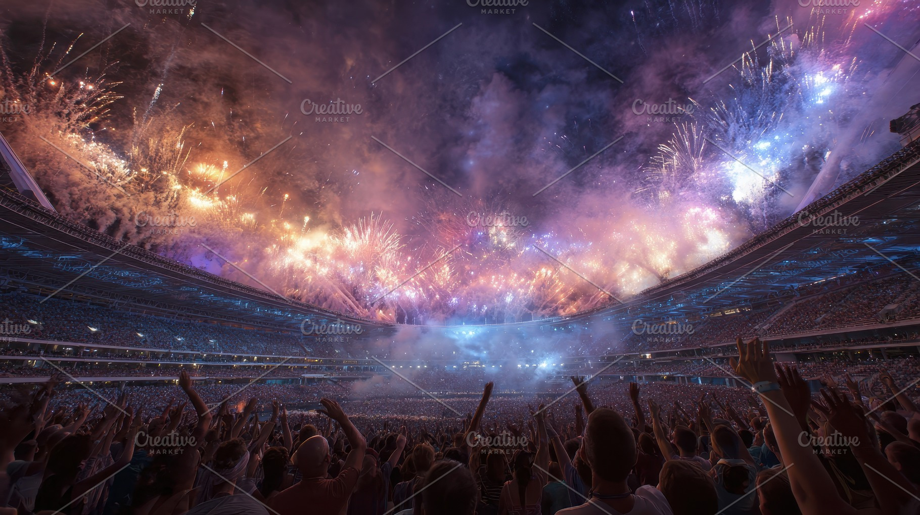 Fireworks explode over a stadium cro, a Photo by Pixeness Studio
