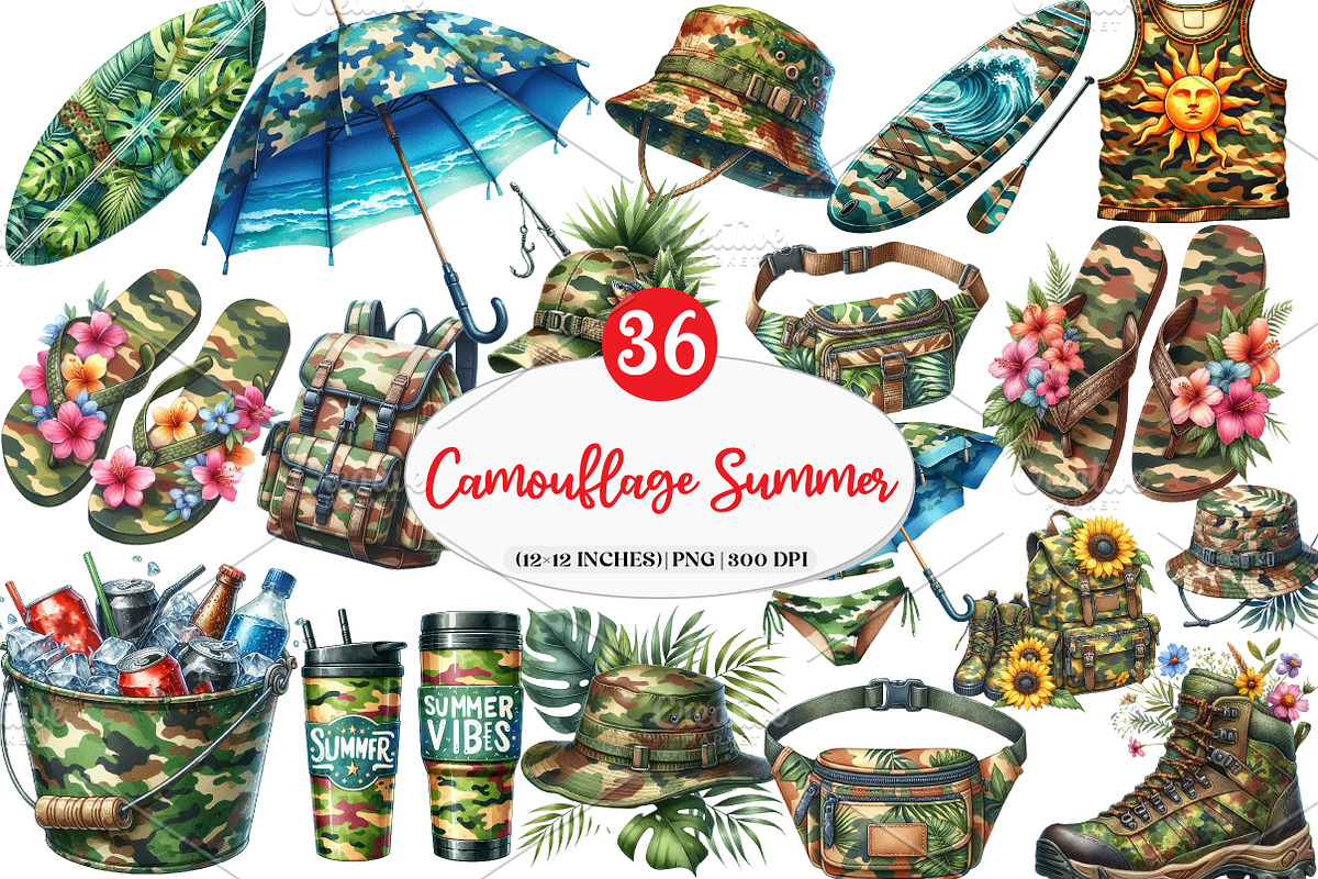 Camouflage Summer Clipart Bundle, an Illustration by Watercolor design (Photo 1 of 4)