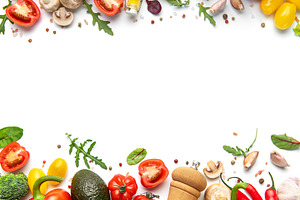 Fresh vegetables forming a food border on white, a Food & Drink Photo by Olena Rudo