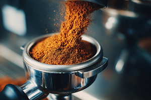 Freshly ground coffee pours into, a Food & Drink Photo by MistyDay