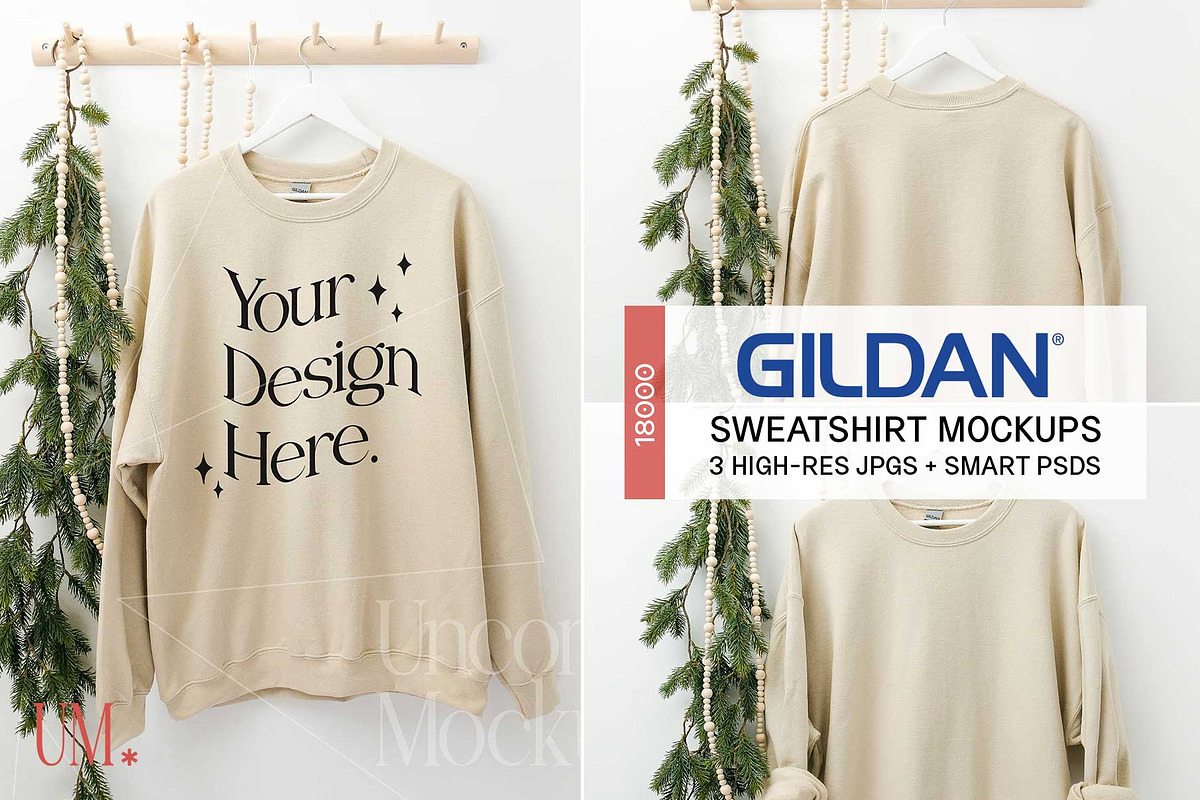 Sand Gildan 18000 Xmas Mockup x3, a Shirt Mockup by Uncommon Mockups (Photo 1 of 6)