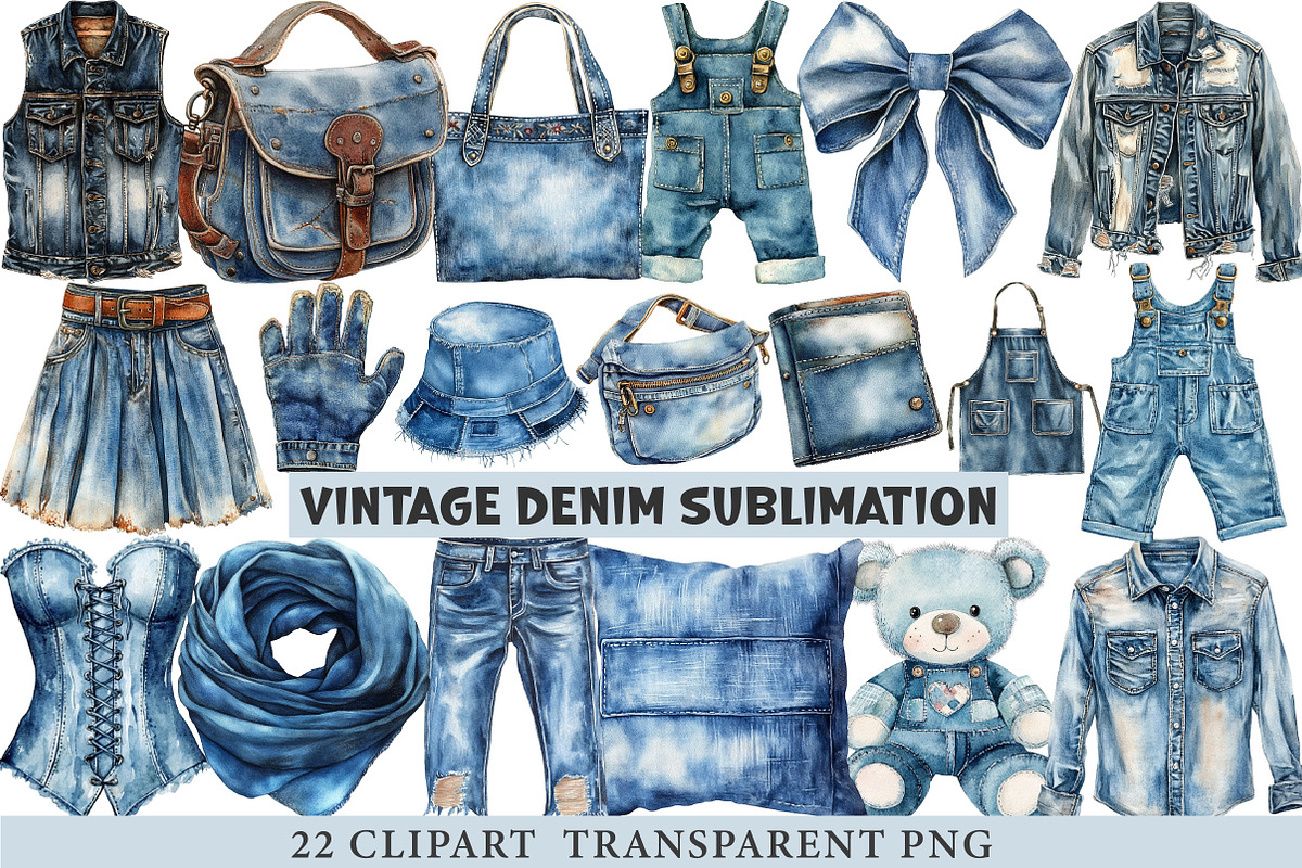 Vintage Denim Sublimation Clipart, an Illustration by cherrydesign (Photo 1 of 3)