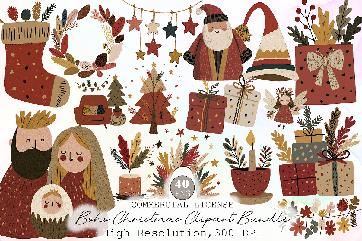 Boho Christmas Clipart Bundle, an Illustration by Sublimation Artist (Photo 1 of 6)