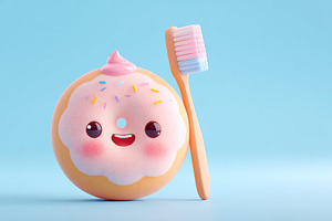 Cute donut character with a toothbrush on a light blue background for fun denta, a Photo by AlyaAnd