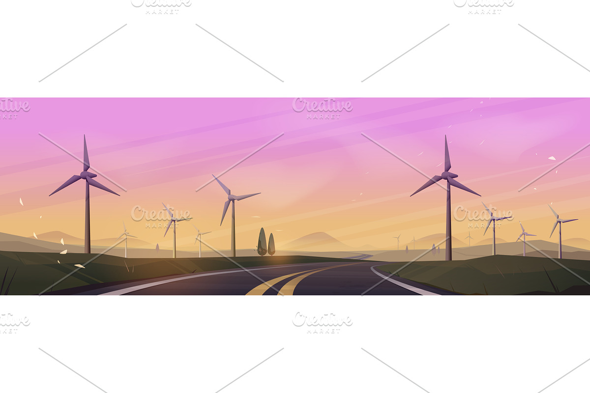 Wind turbines along empty road at, an Illustration by art PVP - market