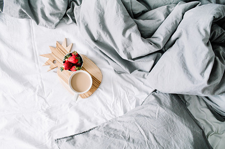 Morning coffee and strawberry stock photo containing breakfast in bed and flat, a Food & Drink Photo by Floral Deco