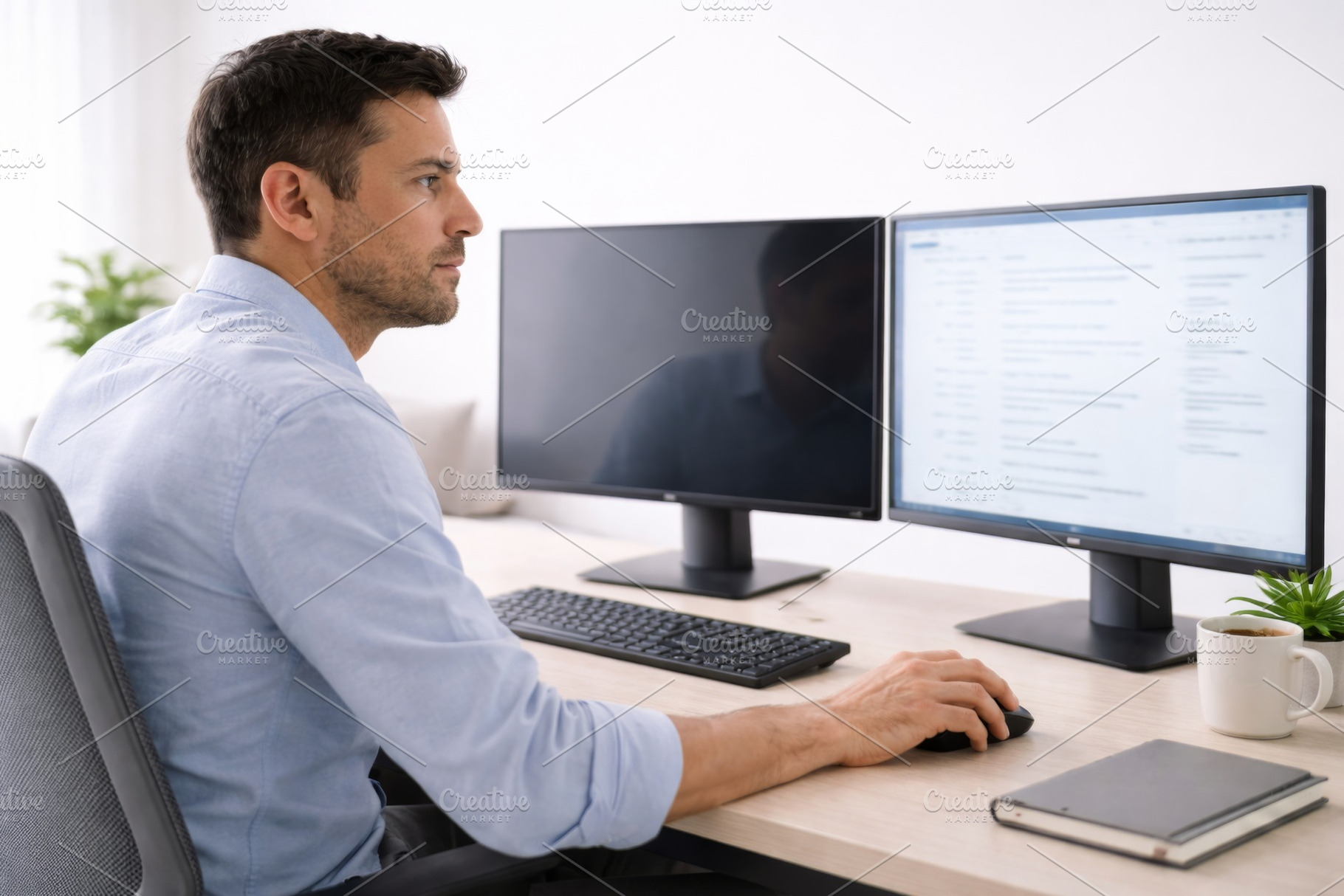Man working at dual monitors in mode, a Photo by Dvoevnore photos