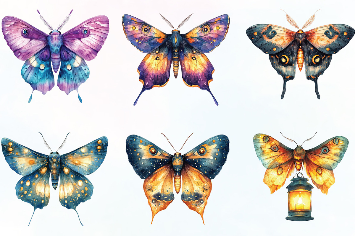 Watercolor Summer Night Moths, an Illustration by CraftArtStudio (Photo 3 of 6)