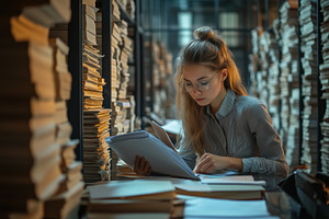 A young document specialist woman with glasses is studying documents in a libra, a Person Photo by Textures & Backgrounds