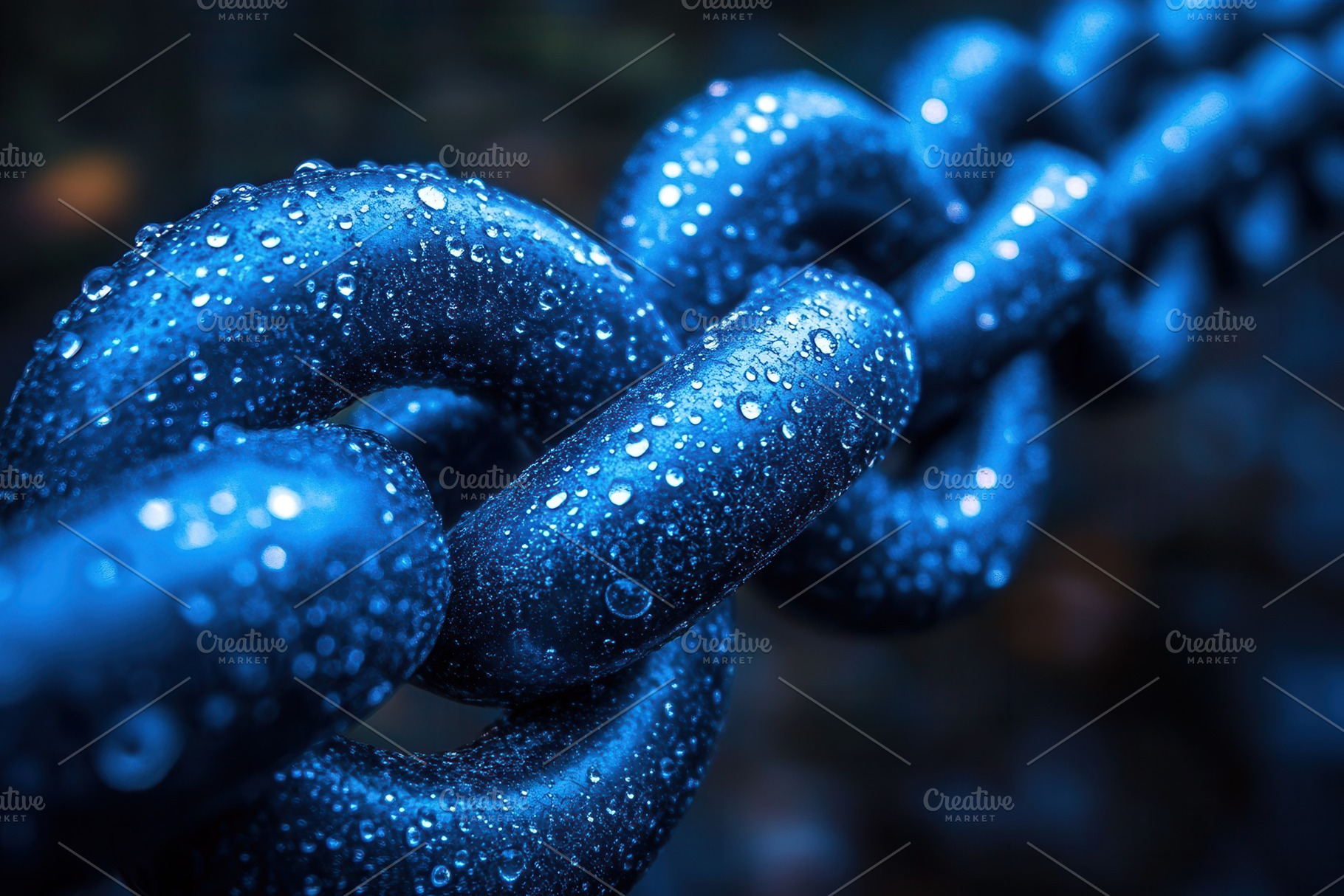 Blue chain glistens with rain drople, a Photo by Tanuart
