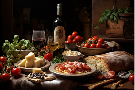 Sumptuous Italian food full table, a Food & Drink Photo by Ylivdesign