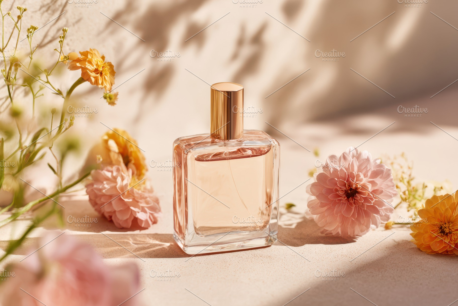Perfume bottle with pastel flowers and soft sunlight, a Beauty & Fashion Photo by AlyaAnd