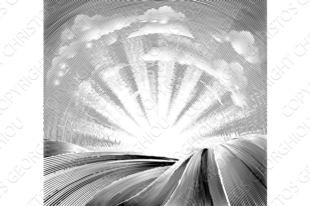 Fields Rolling Hills and Sun Woodcut, an Illustration by Christos Georghiou