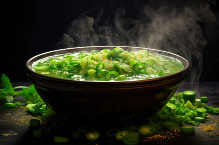 bowl of steaming hot soup, adorned w, a Photo by SaroStock