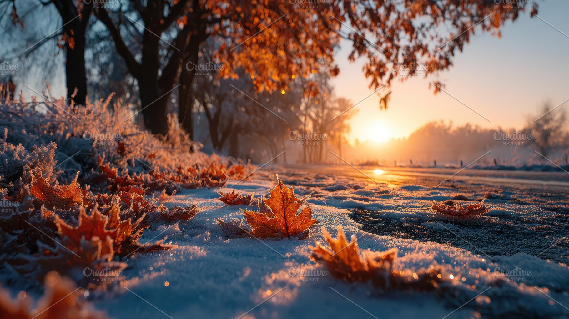 Frozen Autumn Leaves Sunset Winter W, a Photo by Pixeness Studio