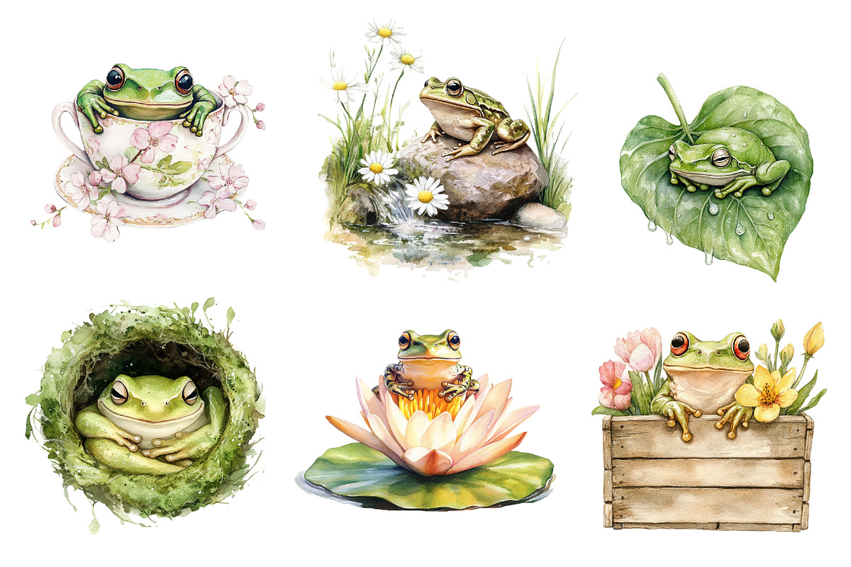 Spring Frogs Watercolor Clipart, an Illustration by CreationArt (Photo 5 of 5)