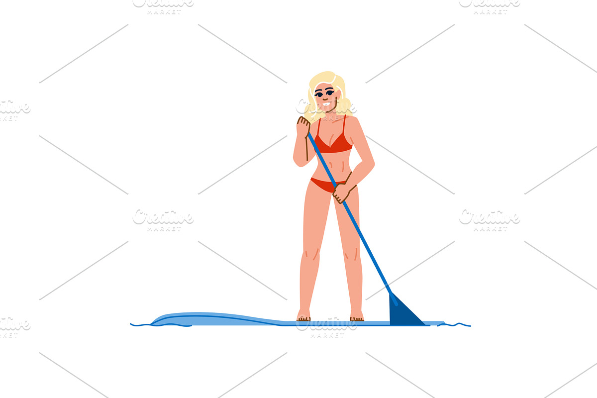 Smiling blond woman paddle boarding, a Sport Illustration by pikepicture