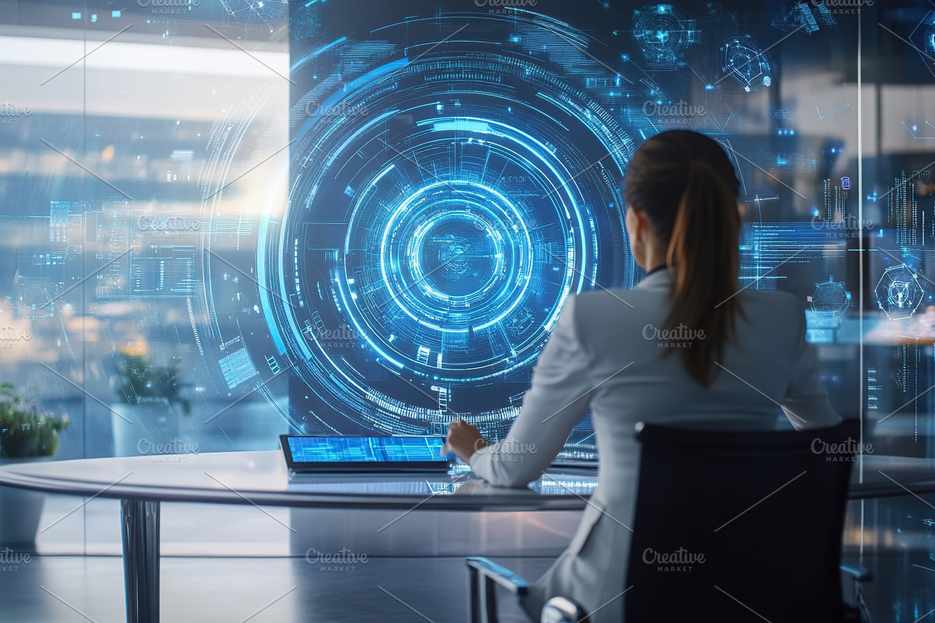 Businesswoman working with blue hologram interactive in the office, a Technology Photo by AlyaAnd