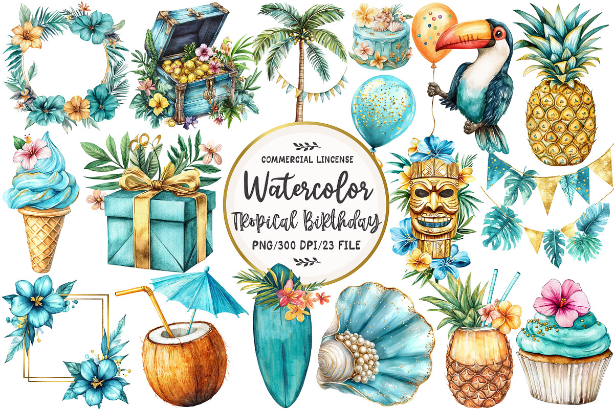 Tropical Turquoise Birthday Clipart, an Illustration by OK Design (Photo 1 of 5)
