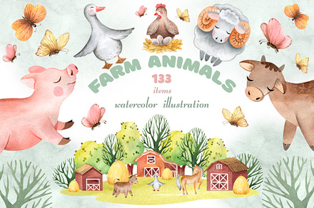 FARM ANIMALS watercolor set