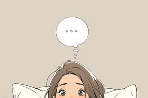 Thoughtful woman sitting in bed using a laptop facing a puzzling question, an Illustration by AS photostudio