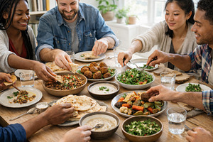 Shared meal with diverse group enjoy, a Photo by Dvoevnore photos