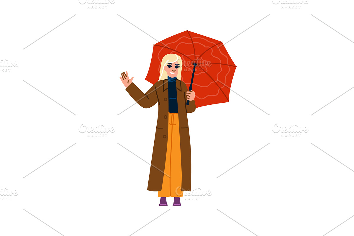 Woman holding red umbrella waving, an Object Illustration by pikepicture