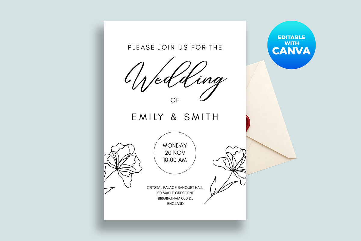 Minimalist Floral Wedding Invitation, an Invitation Template by M9 Design (Photo 1 of 5)
