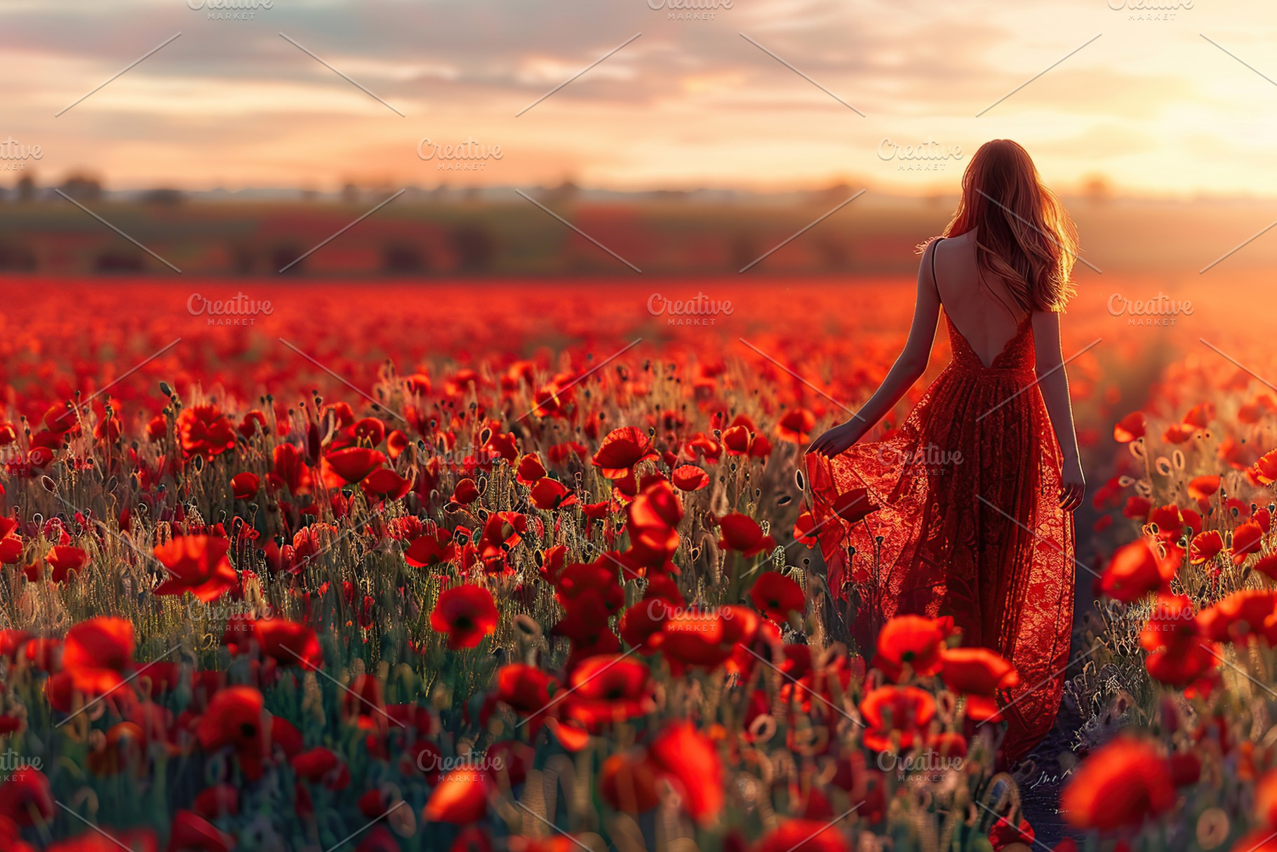 Back view of young beautiful woman in red poppy flowers field, a Nature Photo by AlyaAnd