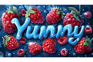 Juicy Raspberries with Yummy Text in, a Food Illustration by AlexArt
