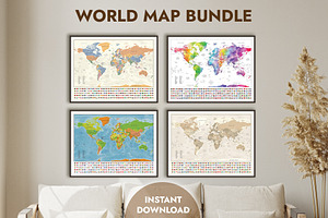 World Map Poster Bundle with Flags
