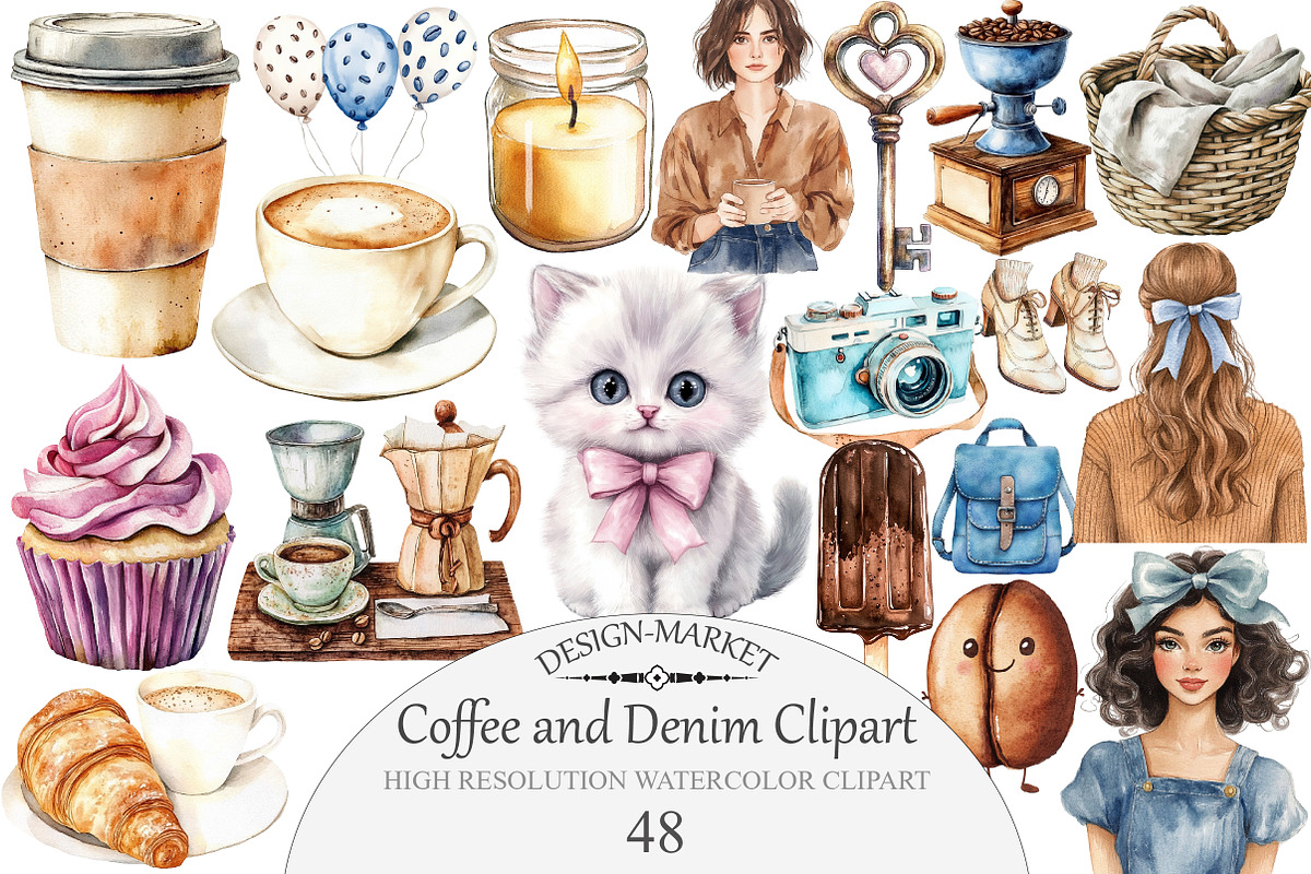 Watercolor Coffee and Denim Clipart, an Illustration by Design Market (Photo 1 of 5)