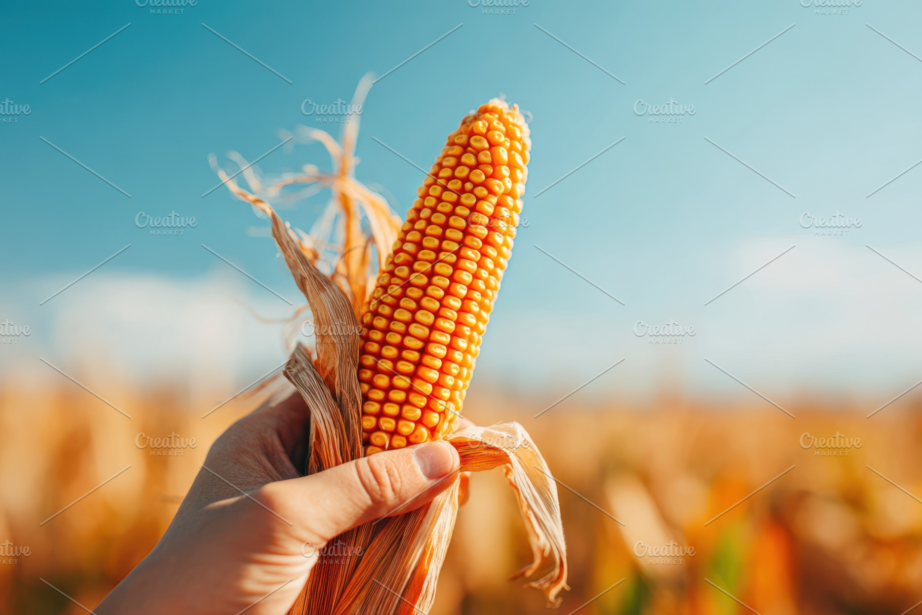 Hand holding fresh corn ear in sunlit field, a Food & Drink Photo by AlyaAnd