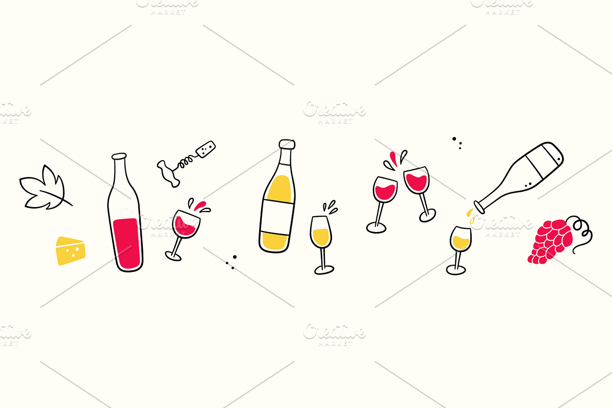 Hand Drawn Wine Bottles and Glasses, an Object Graphic by Elena Pimukova (Photo 2 of 10)