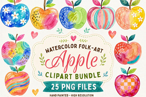 Watercolor Folk Art Apple Clipart, a Seasonal Illustration by Tanya Kart