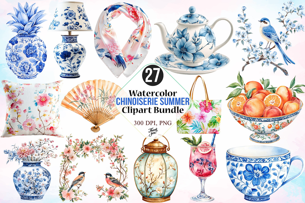 Watercolor Chinoiserie Summer Clipar, an Illustration by Canvas Craft (Photo 1 of 3)