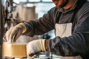 A Whole Milk and Fermented Milk Production Master man in an apron carefully fil, a Person Photo by Textures & Backgrounds