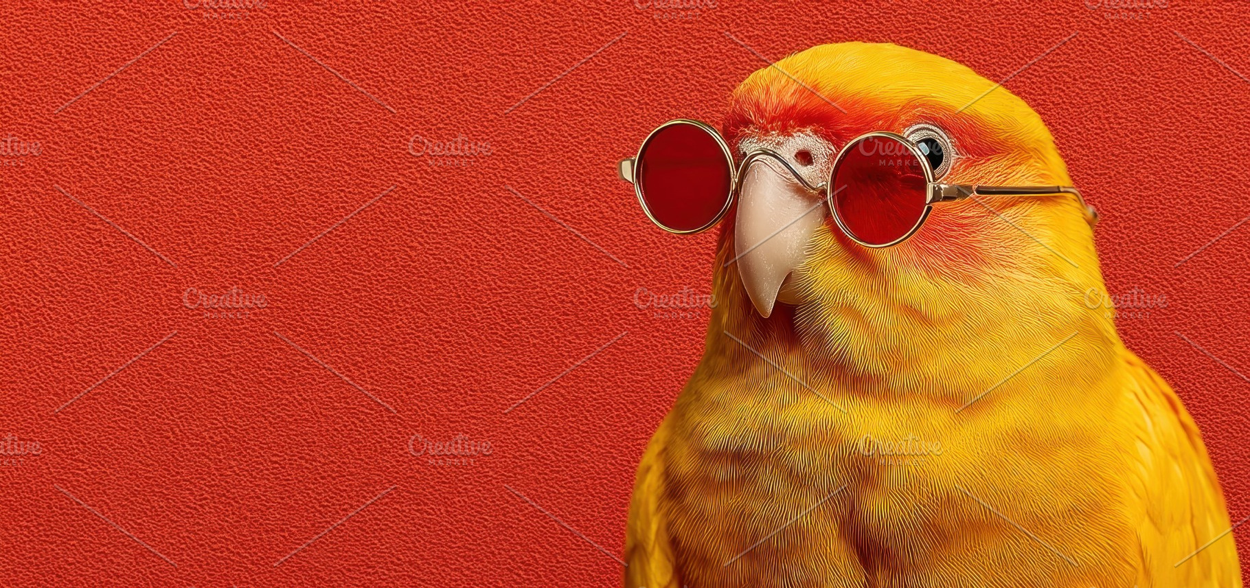 Stylish Yellow Parrot Wearing Red Sunglasses on Vibrant Red Back, an Animal Photo by José Manuel Gelpi