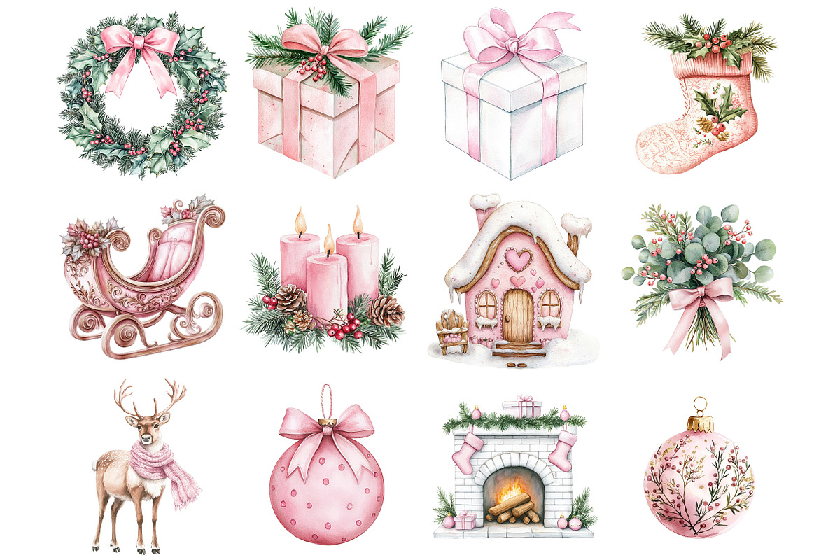 Pink Christmas Clipart Set, a Seasonal Illustration by CitraGraphics (Photo 2 of 5)