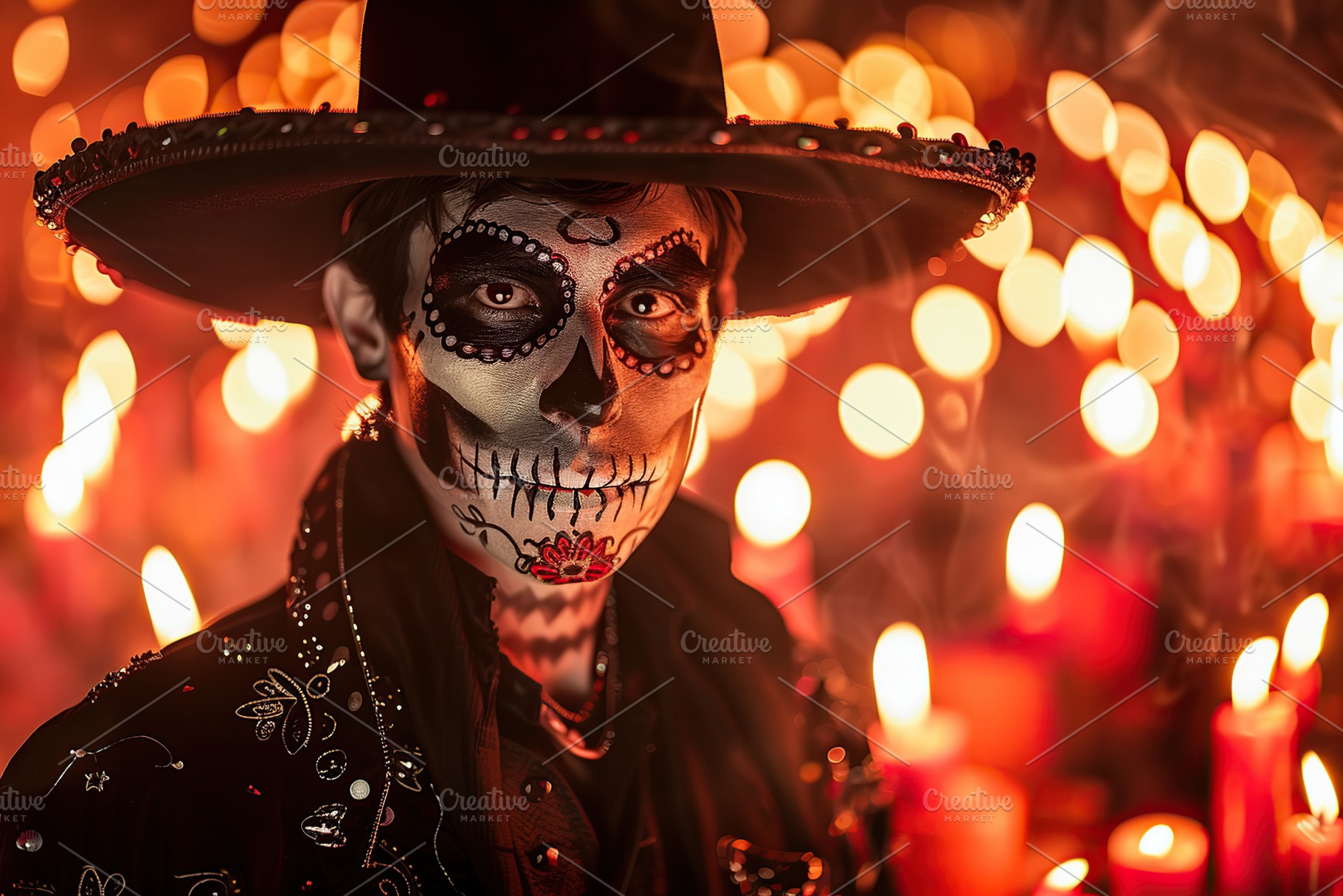 Portrait of handsome guy with sugar skull makeup, parade in Mexico city, makeup, a Holiday Photo by AlyaAnd