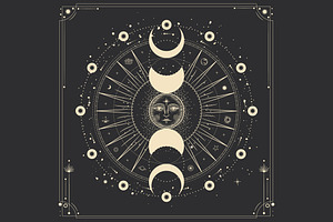 Sun And Moon Phases. Engraving