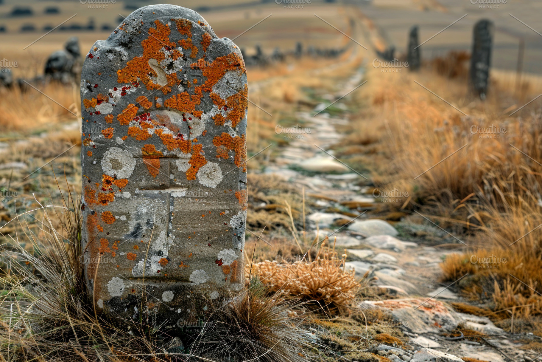 Ancient weathered gravestone with orange lichen along stone path, a Nature Photo by José Manuel Gelpi