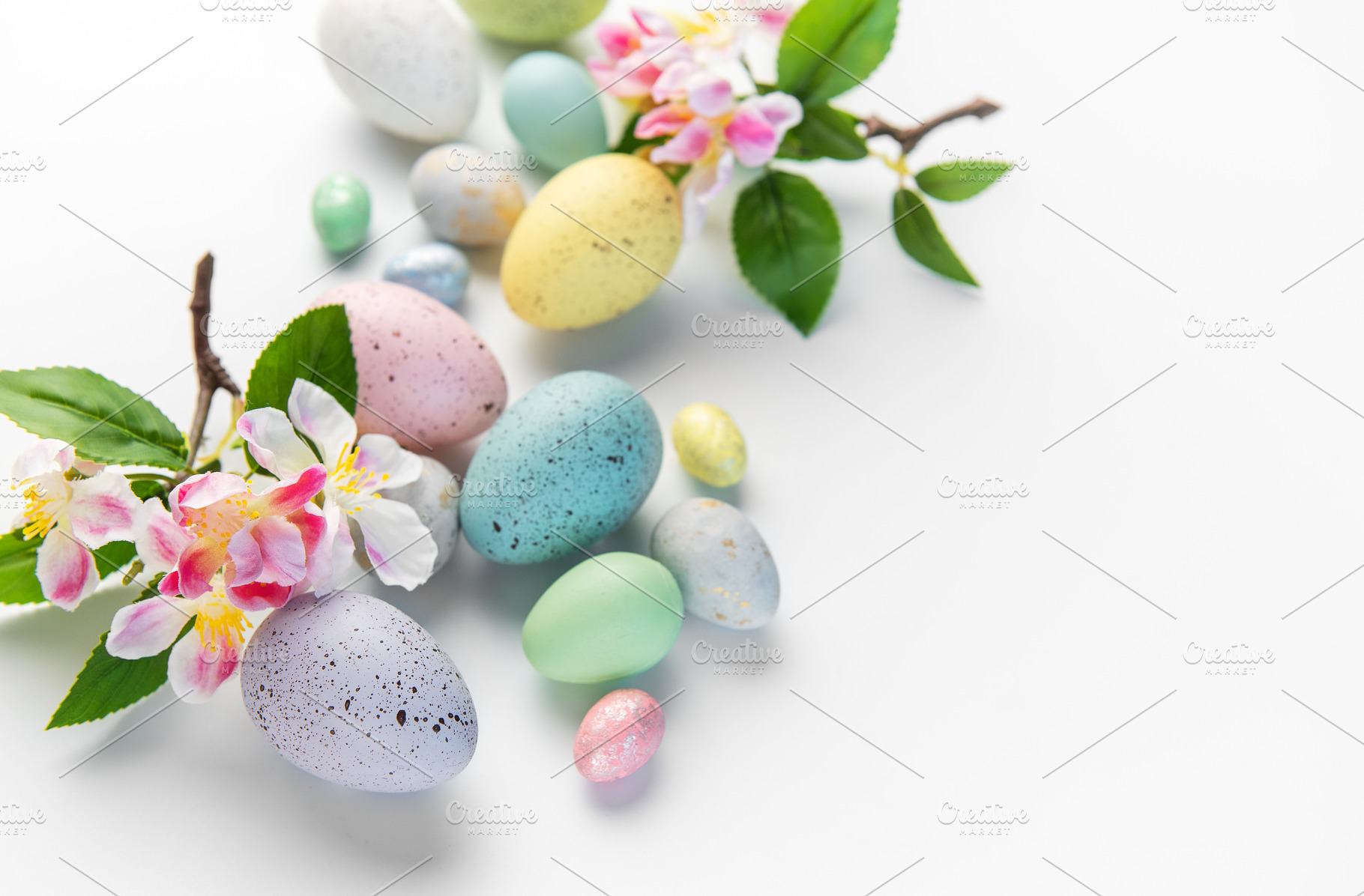 Pastel colored eggs and plum blossoms for easter, a Holiday Photo by Olena Rudo