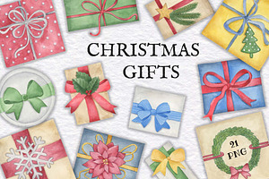 Christmas Gifts Watercolor Clipart