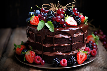 Chocolate cake with fresh berries on plate on wooden table, a Food & Drink Photo by AlyaAnd