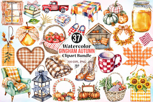 Watercolor Gingham Autumn Clipart, an Illustration by Canvas Craft